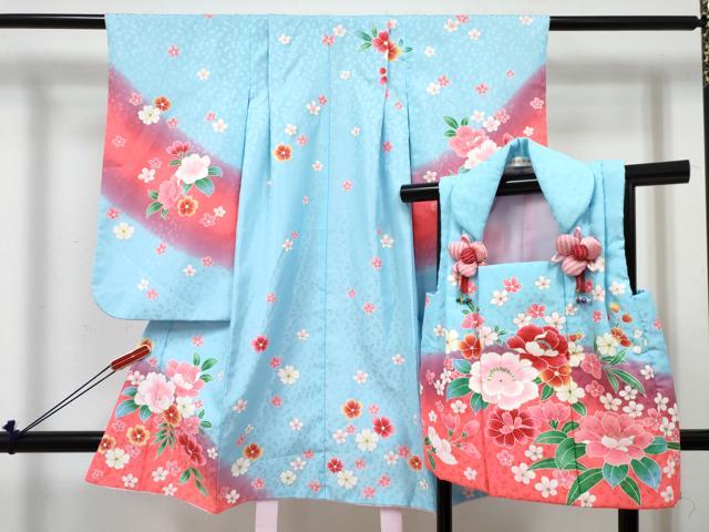 平和屋着物[]七五三　女の子　３歳　祝着　三つ身　被布セット　牡丹花文　暈し染め　金彩　DABE7441ma