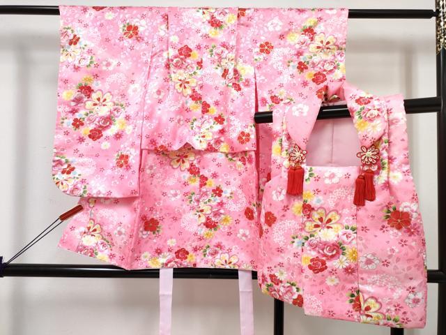 平和屋着物[]七五三　女の子　３歳　祝着　三つ身　被布セット　草花文　暈し染め　金彩　洗える着物　DABE7442ma