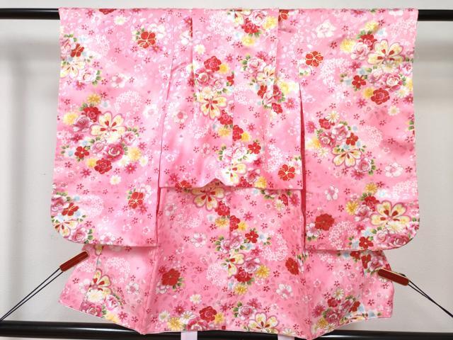 平和屋着物[]七五三　女の子　３歳　祝着　三つ身　被布セット　草花文　暈し染め　金彩　洗える着物　DABE7442ma