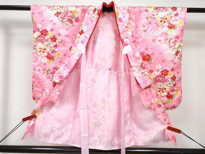 平和屋着物[]七五三　女の子　３歳　祝着　三つ身　被布セット　草花文　暈し染め　金彩　洗える着物　DABE7442ma