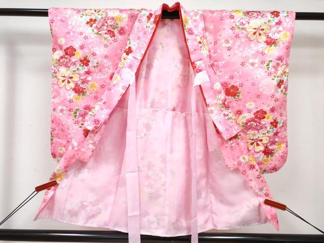 平和屋着物[]七五三　女の子　３歳　祝着　三つ身　被布セット　草花文　暈し染め　金彩　洗える着物　DABE7442ma