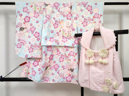 平和屋着物[]七五三　女の子　３歳　祝着　三つ身　被布セット　花兎　動物花文　DABE7443ma
