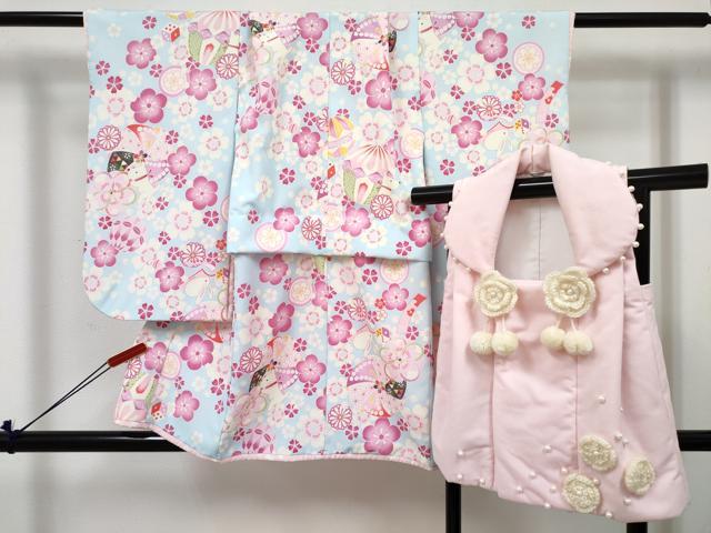 平和屋着物[]七五三　女の子　３歳　祝着　三つ身　被布セット　花兎　動物花文　DABE7443ma