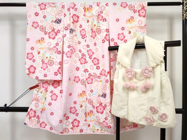 平和屋着物[]七五三　女の子　３歳　祝着　三つ身　被布セット　花兎　動物花文　DABE7444ma