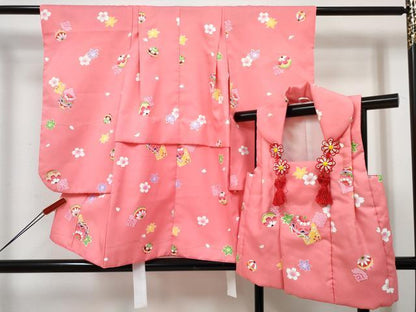 平和屋着物[]七五三　女の子　３歳　祝着　三つ身　被布セット　色紙鞠花文　金彩　DABE7445ma