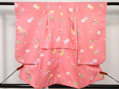 平和屋着物[]七五三　女の子　３歳　祝着　三つ身　被布セット　色紙鞠花文　金彩　DABE7445ma