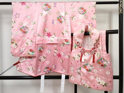 平和屋着物[]七五三　女の子　３歳　祝着　三つ身　被布セット　舞桜文　暈し染め　逸品　DABE7446ma