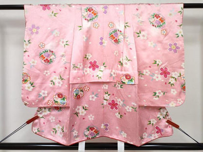 平和屋着物[]七五三　女の子　３歳　祝着　三つ身　被布セット　舞桜文　暈し染め　逸品　DABE7446ma