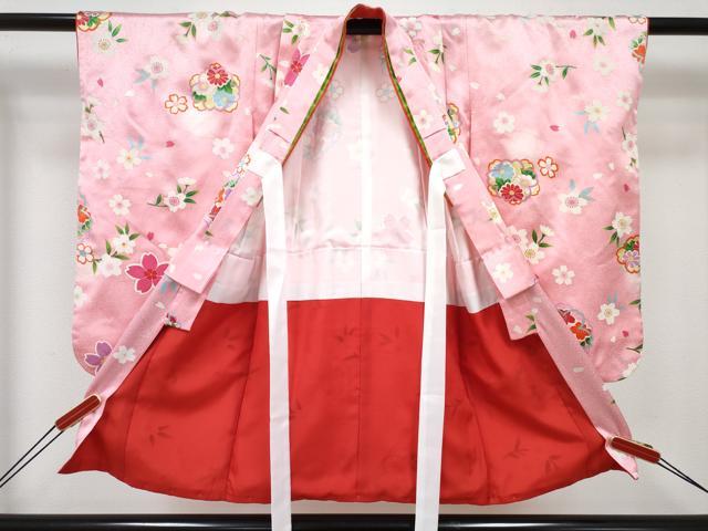 平和屋着物[]七五三　女の子　３歳　祝着　三つ身　被布セット　舞桜文　暈し染め　逸品　DABE7446ma