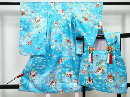 平和屋着物[]七五三　女の子　３歳　祝着　三つ身　被布セット　鞠花文　暈し染め　金彩　洗える着物　DABE7448ma