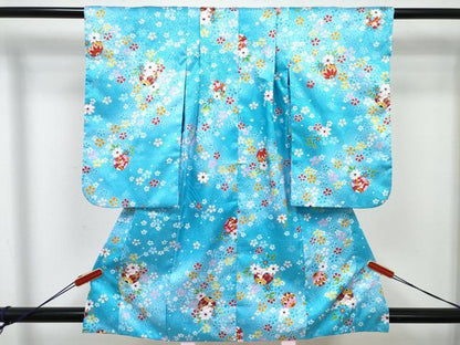 平和屋着物[]七五三　女の子　３歳　祝着　三つ身　被布セット　鞠花文　暈し染め　金彩　洗える着物　DABE7448ma