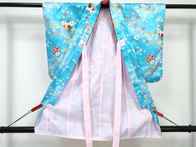 平和屋着物[]七五三　女の子　３歳　祝着　三つ身　被布セット　鞠花文　暈し染め　金彩　洗える着物　DABE7448ma