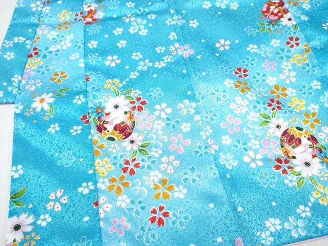 平和屋着物[]七五三　女の子　３歳　祝着　三つ身　被布セット　鞠花文　暈し染め　金彩　洗える着物　DABE7448ma