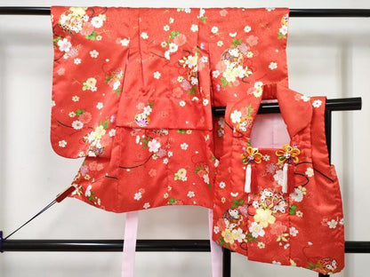 平和屋着物[]七五三　女の子　３歳　祝着　三つ身　被布セット　鞠花蝶文　金彩　洗える着物　DABE7451ma