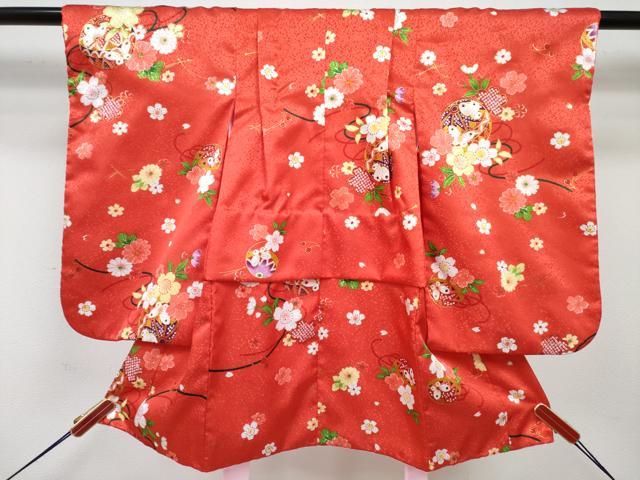 平和屋着物[]七五三　女の子　３歳　祝着　三つ身　被布セット　鞠花蝶文　金彩　洗える着物　DABE7451ma