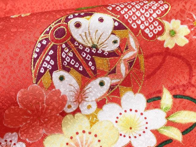 平和屋着物[]七五三　女の子　３歳　祝着　三つ身　被布セット　鞠花蝶文　金彩　洗える着物　DABE7451ma