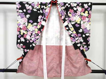 平和屋着物[]七五三　女の子　３歳　祝着　三つ身　被布セット　草花文　黒地　金彩　DABE7452ma