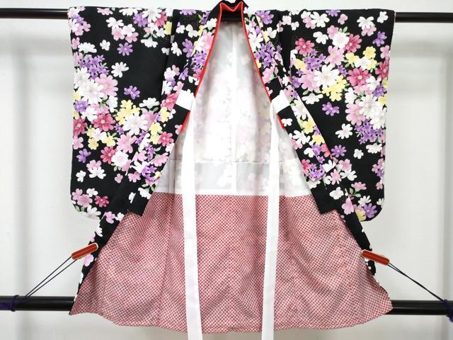平和屋着物[]七五三　女の子　３歳　祝着　三つ身　被布セット　草花文　黒地　金彩　DABE7452ma