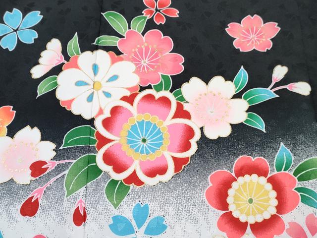 平和屋着物[]七五三　女の子　３歳　祝着　三つ身　被布セット　舞桜文　黒地　暈し染め　金彩　DABE7453ma