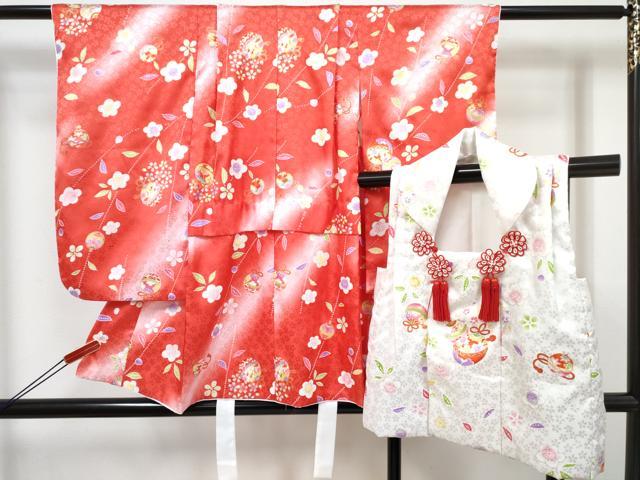 平和屋着物[]七五三　女の子　３歳　祝着　三つ身　被布セット　鈴花文　暈し染め　金彩　DABE7454ma