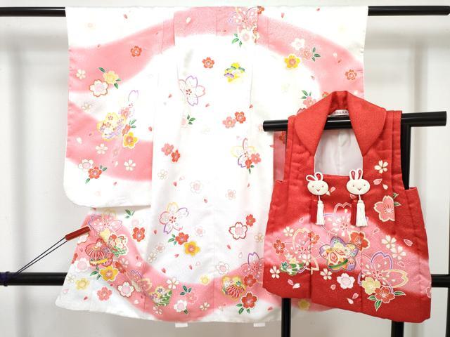 平和屋着物[]七五三　女の子　３歳　祝着　三つ身　被布セット　舞桜文　暈し染め　金彩　DABE7455ma