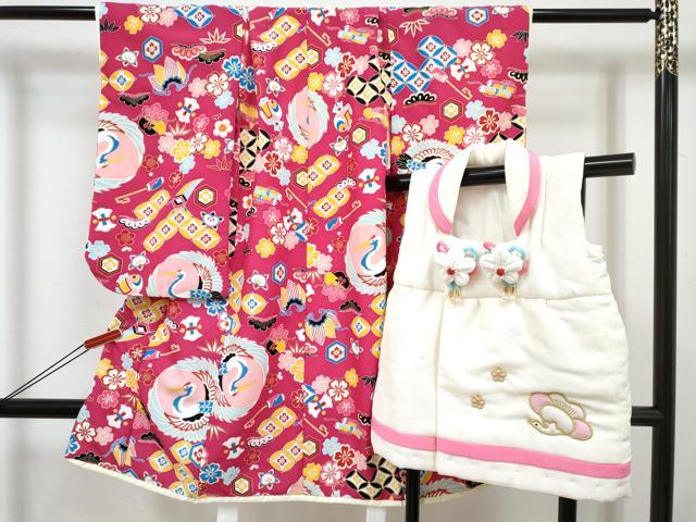 平和屋着物[]七五三　女の子　３歳　祝着　三つ身　被布セット　飛鶴吉祥文　金彩　洗える着物　DABE7456ma