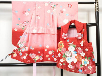 平和屋着物[]七五三　女の子　３歳　祝着　三つ身　被布セット　舞桜文　暈し染め　金彩　DABE7457ma