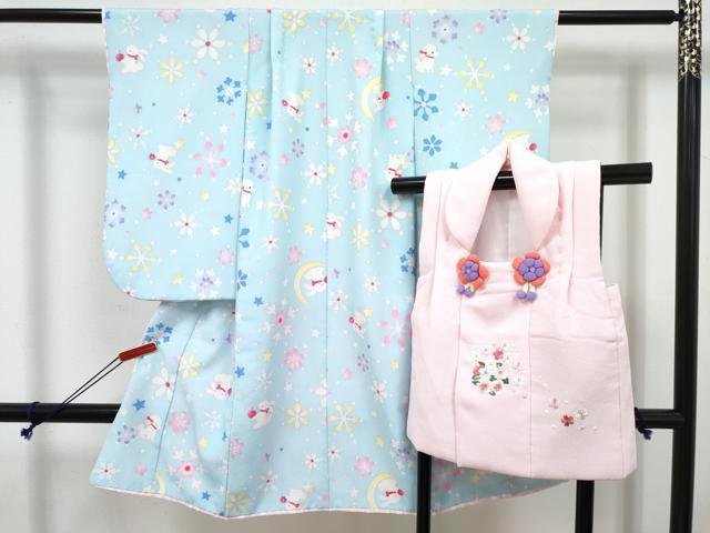 平和屋着物[]七五三　女の子　３歳　祝着　三つ身　被布セット　花兎　動物花文　DABE7458ma