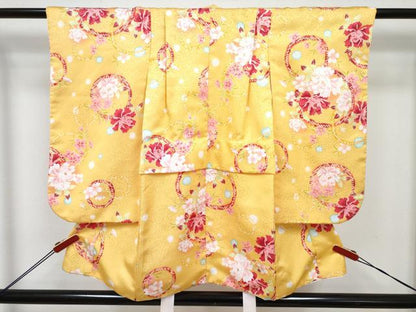 平和屋着物[]七五三　女の子　３歳　祝着　三つ身　被布セット　花丸文　暈し染め　金彩　洗える着物　DABE7459ma