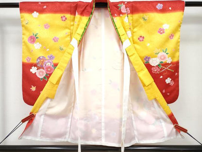 平和屋着物[]七五三　女の子　３歳　祝着　三つ身　被布セット　横笛鼓花文　暈し染め　金彩　DABE7460ma