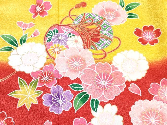 平和屋着物[]七五三　女の子　３歳　祝着　三つ身　被布セット　横笛鼓花文　暈し染め　金彩　DABE7460ma