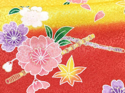 平和屋着物[]七五三　女の子　３歳　祝着　三つ身　被布セット　横笛鼓花文　暈し染め　金彩　DABE7460ma