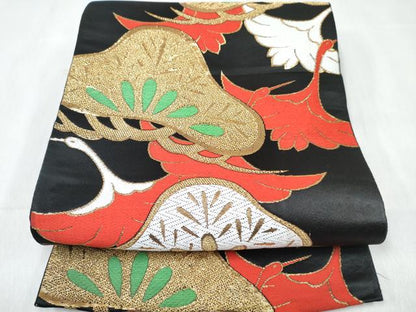 平和屋着物[]女の子　子供　全通柄袋帯　飛鶴松文　黒地　金糸　逸品　DABE7466ma