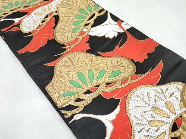 平和屋着物[]女の子　子供　全通柄袋帯　飛鶴松文　黒地　金糸　逸品　DABE7466ma