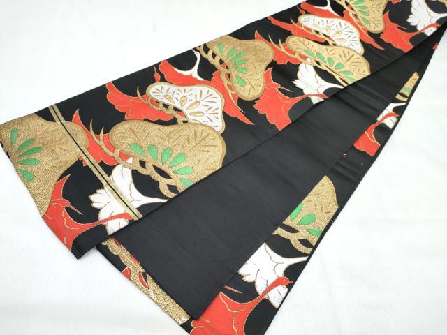平和屋着物[]女の子　子供　全通柄袋帯　飛鶴松文　黒地　金糸　逸品　DABE7466ma