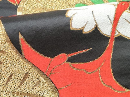 平和屋着物[]女の子　子供　全通柄袋帯　飛鶴松文　黒地　金糸　逸品　DABE7466ma