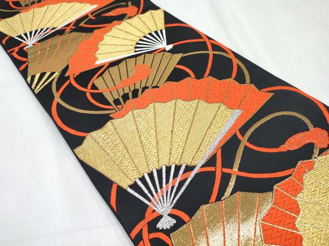 平和屋着物[]女の子　子供　全通柄袋帯　扇尽くし　黒地　金銀糸　逸品　DABE7467ma