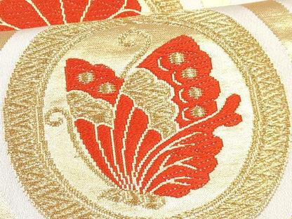 平和屋着物[]女の子　子供　全通柄袋帯　立涌　舞蝶菊松丸文　金糸　逸品　DABE7468ma