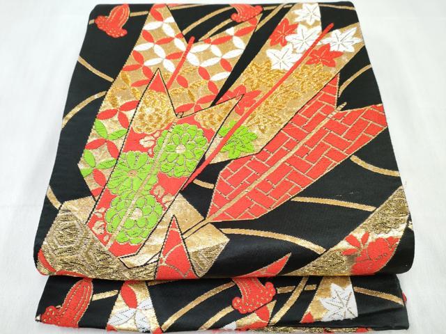 平和屋着物[]女の子　子供　全通柄袋帯　矢羽花文　黒地　金糸　逸品　DABE7469ma