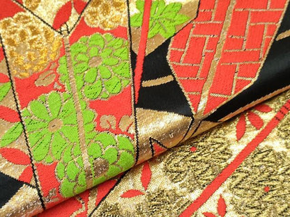 平和屋着物[]女の子　子供　全通柄袋帯　矢羽花文　黒地　金糸　逸品　DABE7469ma