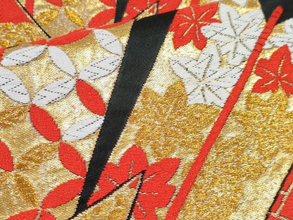 平和屋着物[]女の子　子供　全通柄袋帯　矢羽花文　黒地　金糸　逸品　DABE7469ma