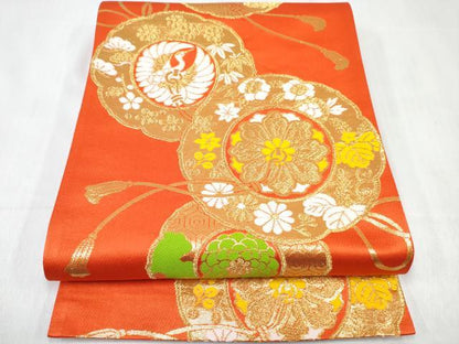 平和屋着物[]女の子　子供　全通柄袋帯　飛鶴花絵皿文　金糸　逸品　DABE7471ma