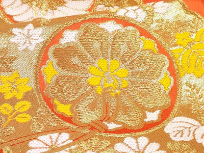 平和屋着物[]女の子　子供　全通柄袋帯　飛鶴花絵皿文　金糸　逸品　DABE7471ma
