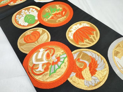 平和屋着物[]女の子　子供　全通柄袋帯　飛鶴舞蝶吉祥丸文　黒地　金銀糸　逸品　DABE7472ma