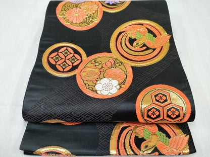 平和屋着物[]女の子　子供　全通柄袋帯　花鳥丸文　黒地　金糸　逸品　DABE7475ma