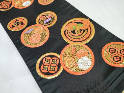 平和屋着物[]女の子　子供　全通柄袋帯　花鳥丸文　黒地　金糸　逸品　DABE7475ma