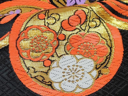 平和屋着物[]女の子　子供　全通柄袋帯　花鳥丸文　黒地　金糸　逸品　DABE7475ma