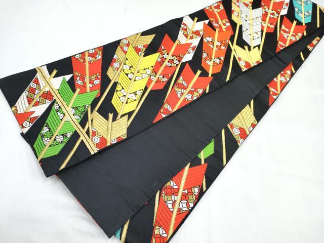 平和屋着物[]女の子　子供　全通柄袋帯　矢羽花文　黒地　金銀糸　逸品　DABE7477ma