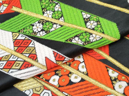 平和屋着物[]女の子　子供　全通柄袋帯　矢羽花文　黒地　金銀糸　逸品　DABE7477ma