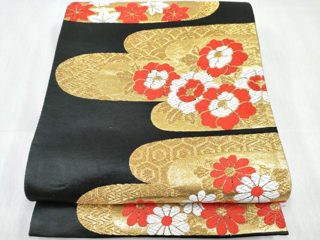 平和屋着物[]女の子　子供　全通柄袋帯　エ霞花文　黒地　金糸　逸品　DABE7479ma